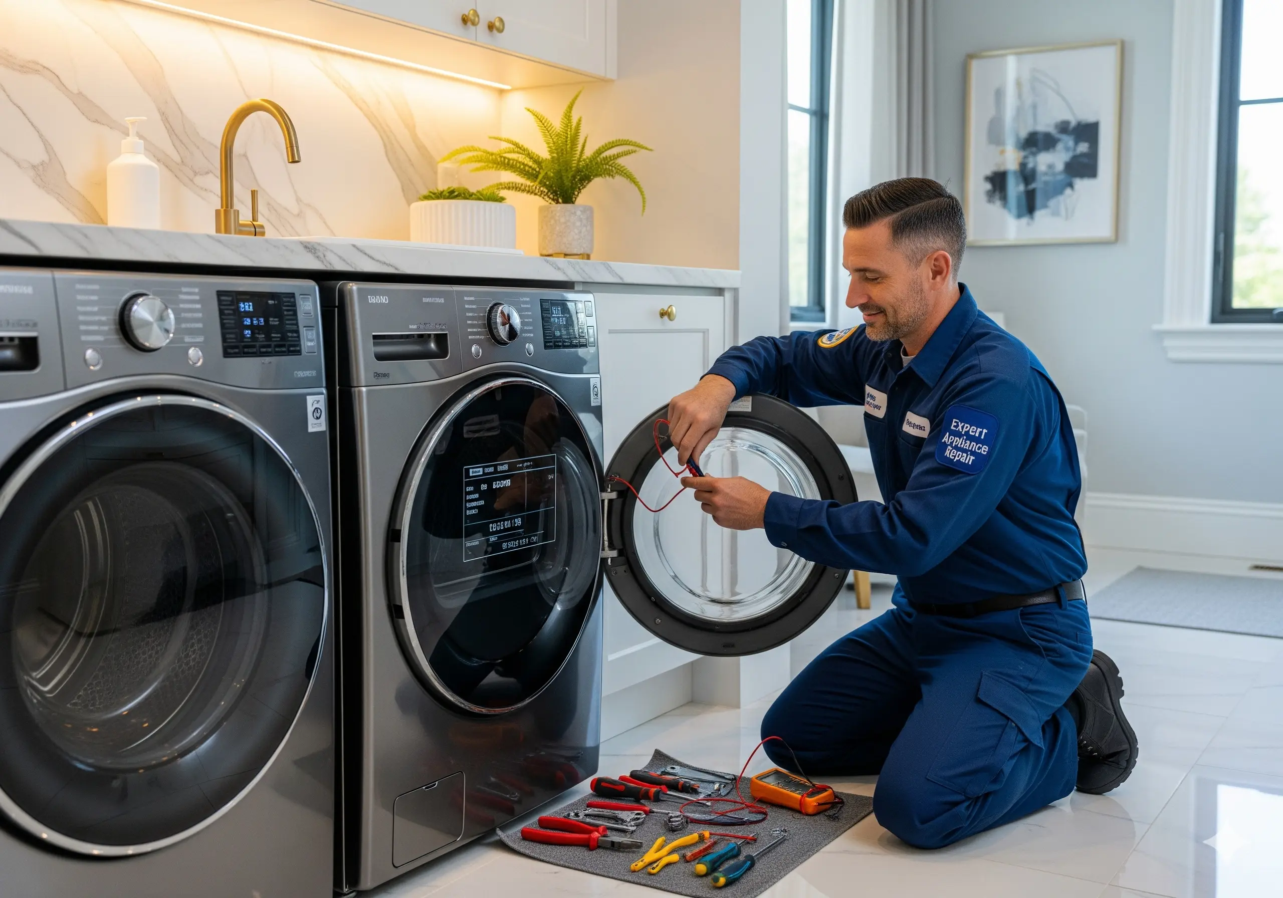 An expert technician repairing a miele dryer